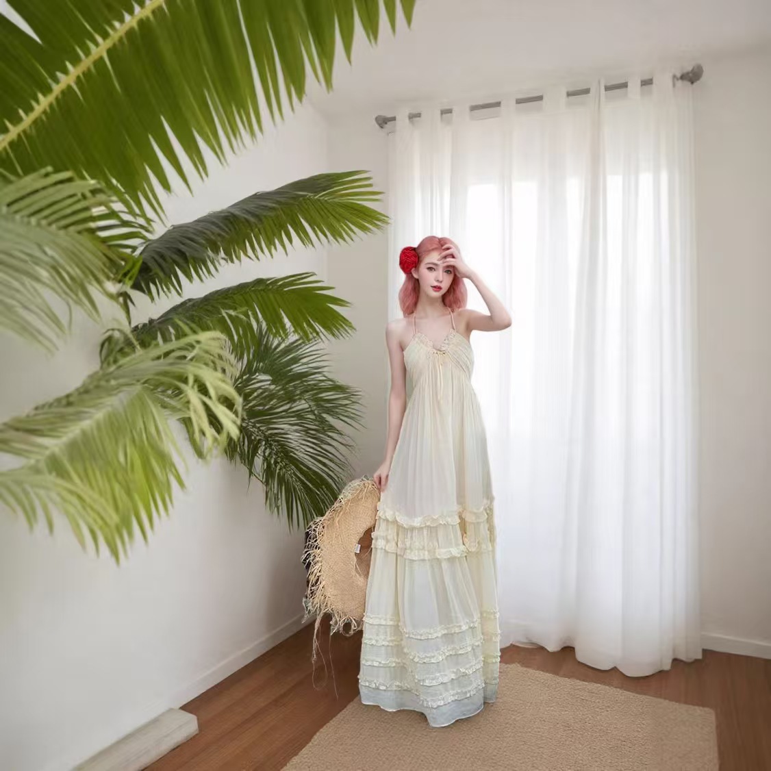 Cross-border 2025 New seaside vacation style sleeveless halter dress, loose backless design long dress for export pic 3