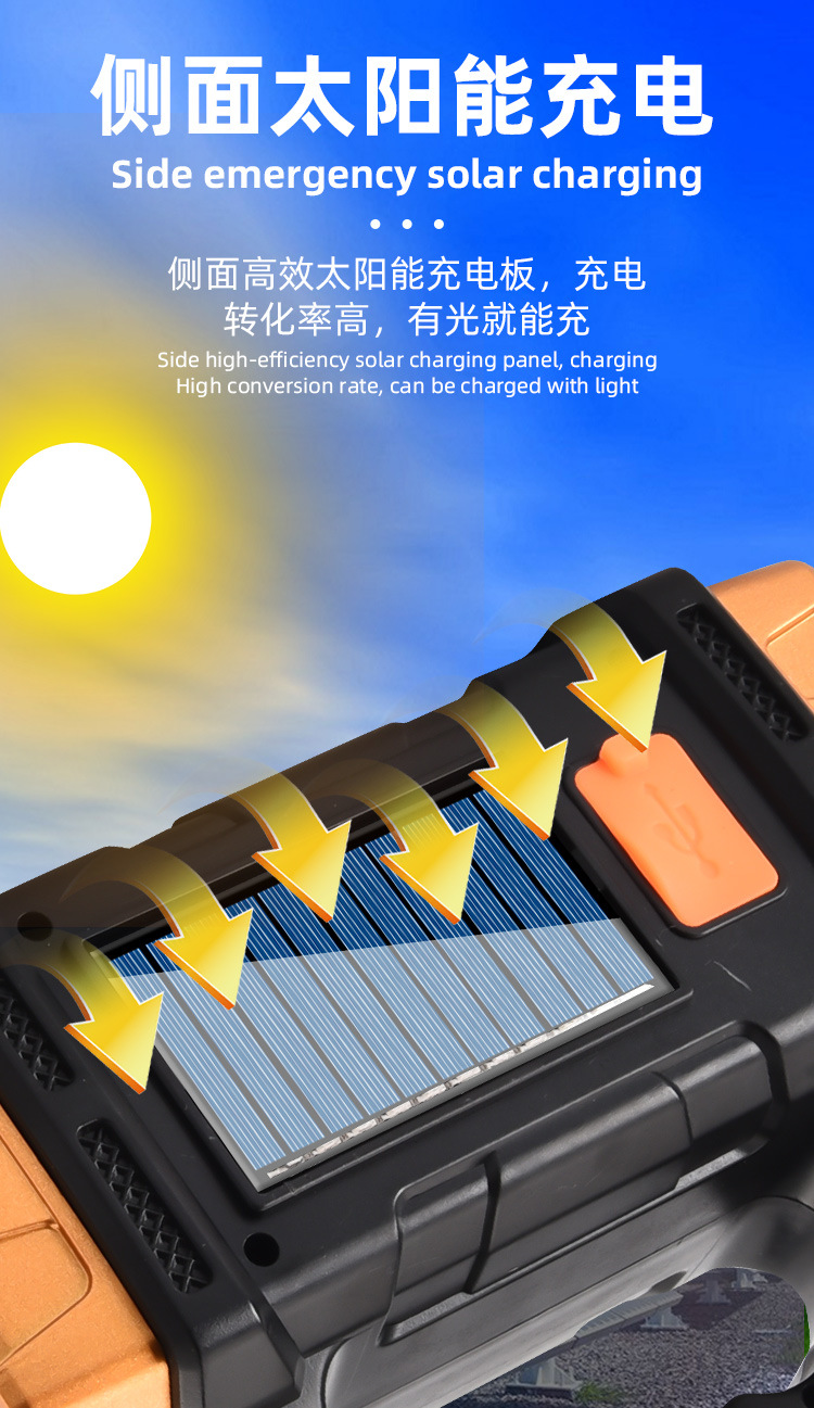 Cross-border solar high-intensity portable lamp, household emergency outdoor charging led flashlight, USB dual-source camping searchlight pic 8