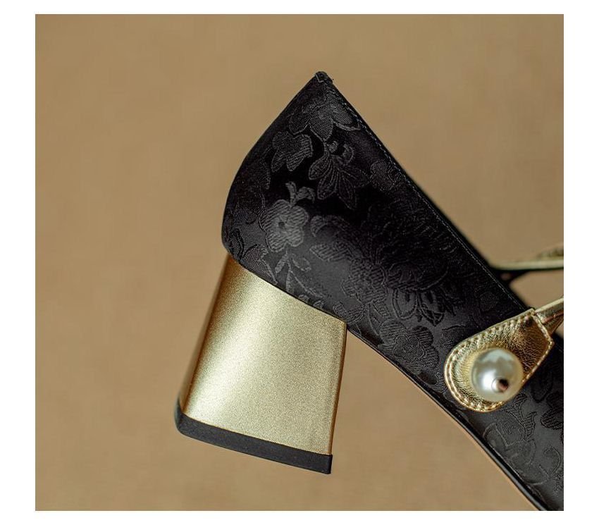 春季高跟鞋女一字带单鞋新中式国风拼色方头玛丽珍鞋法式珍珠粗跟详情5