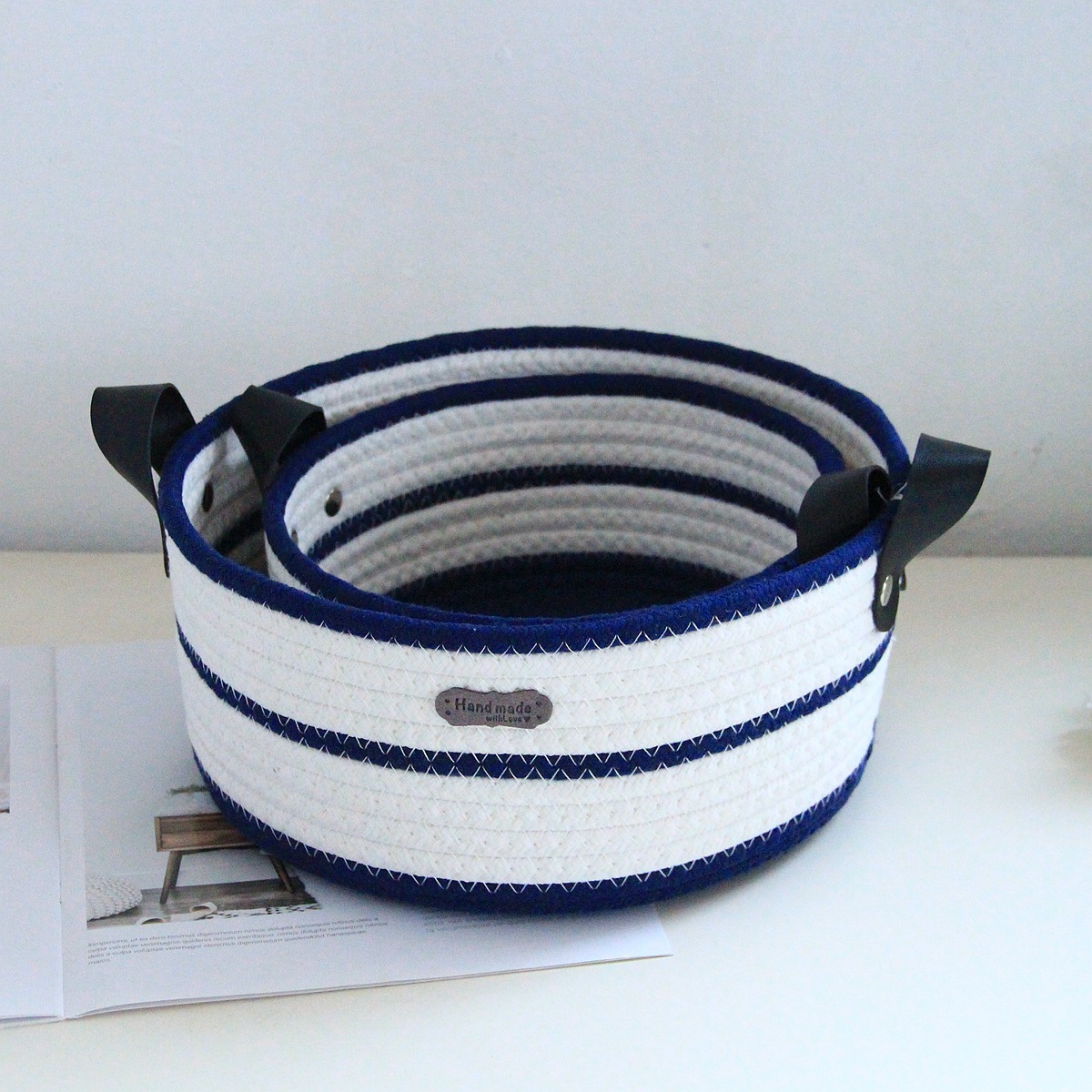 Round cotton rope woven storage basket with leather handle, InS-style desktop storage basket, cosmetics and toys storage box, Nordic style pic 28