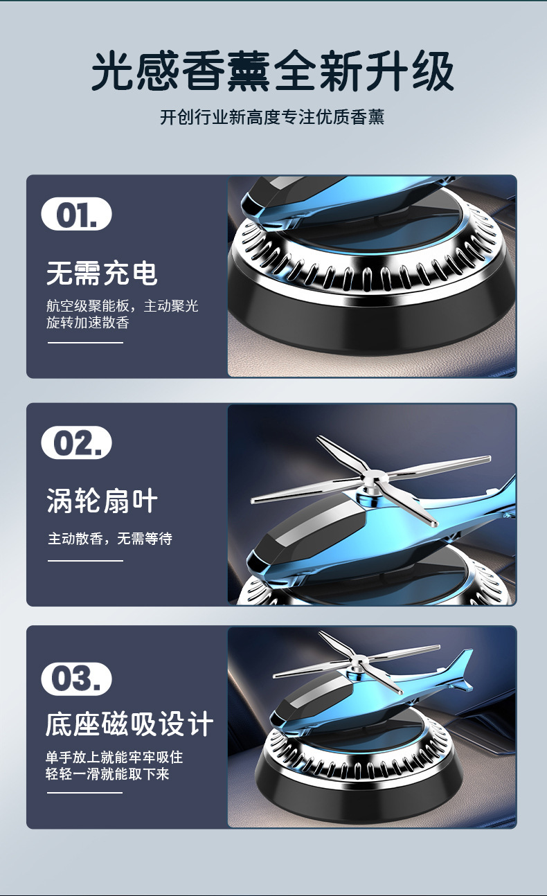 Solar-powered rotating car helicopter aromatherapy creative car perfume, car fragrance aircraft perfume stand decoration pic 3