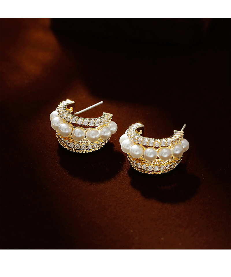 Tipo HyacinthC aretes de perlas coreanos micro circonitas pendientes de medio anillo francés temperamento vintage versátil personalidad pequeña fragancia mujer pic 4