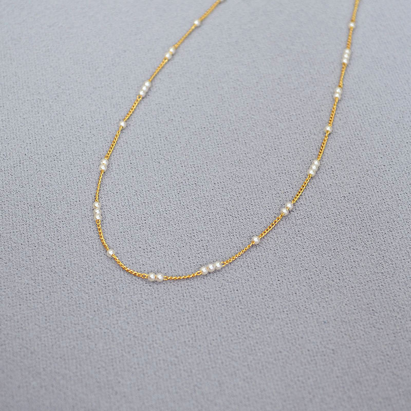 法式小众设计简约迷你baby小珍珠间隔黄铜镀金优雅极细项链锁骨链详情8