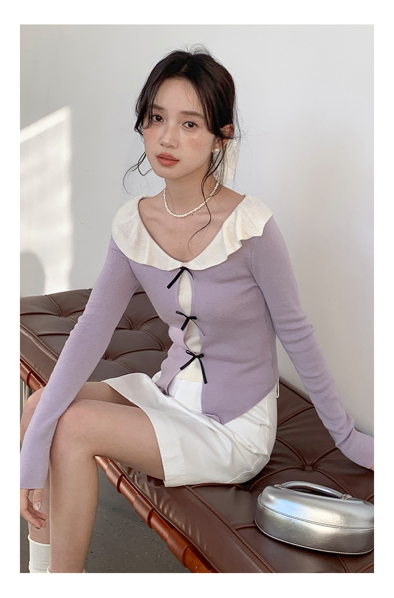衣尔衫 设计感 假两件娃娃领蝴蝶结针织衫女短款温柔修身气质0337详情22