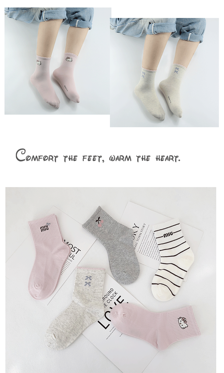 懿双双儿童袜子冬季新款韩版字母中筒袜精梳棉卡通蝴蝶结少女棉袜详情4