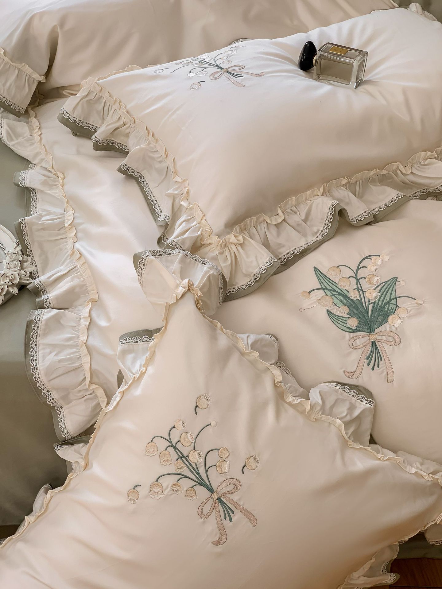 Classical embroidery double-piece natural color fabric with ruffled edges and rounded corners, 100S Australian cotton double-strand Gongbrocade, long-staple cotton four-piece set pic 16