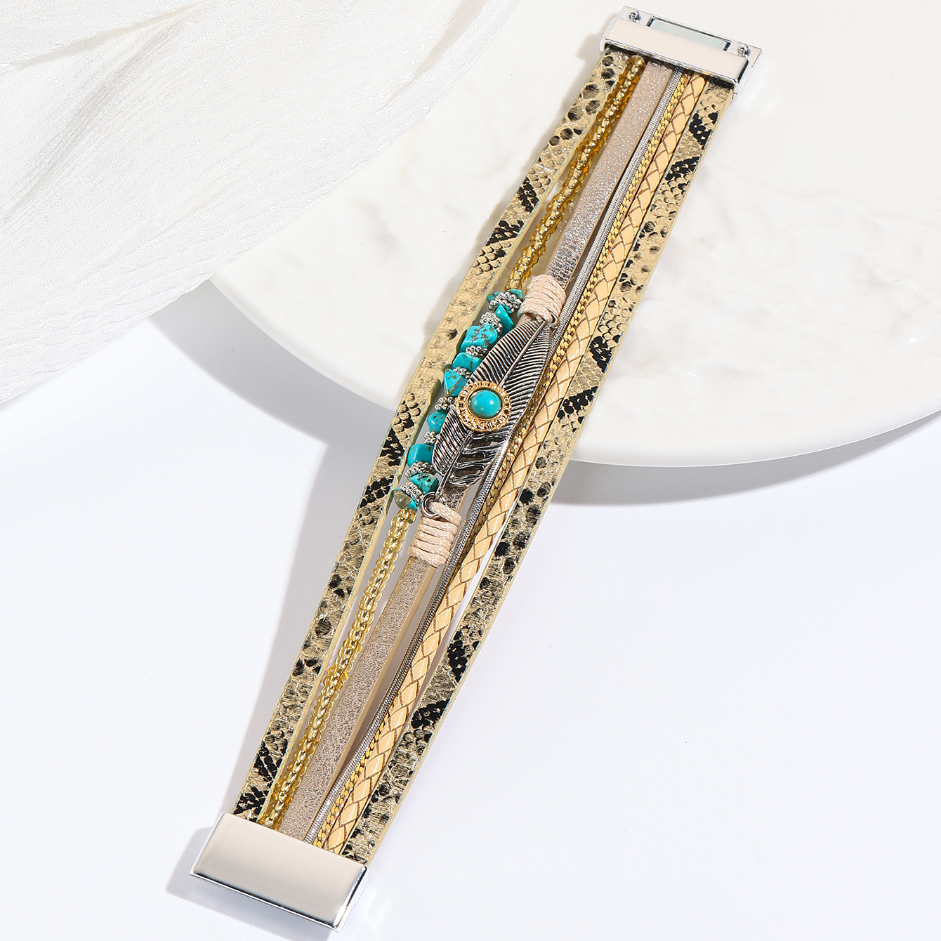 跨境翡翠波西米亚碎石羽毛手链复古绿松石磁铁扣手镯详情14