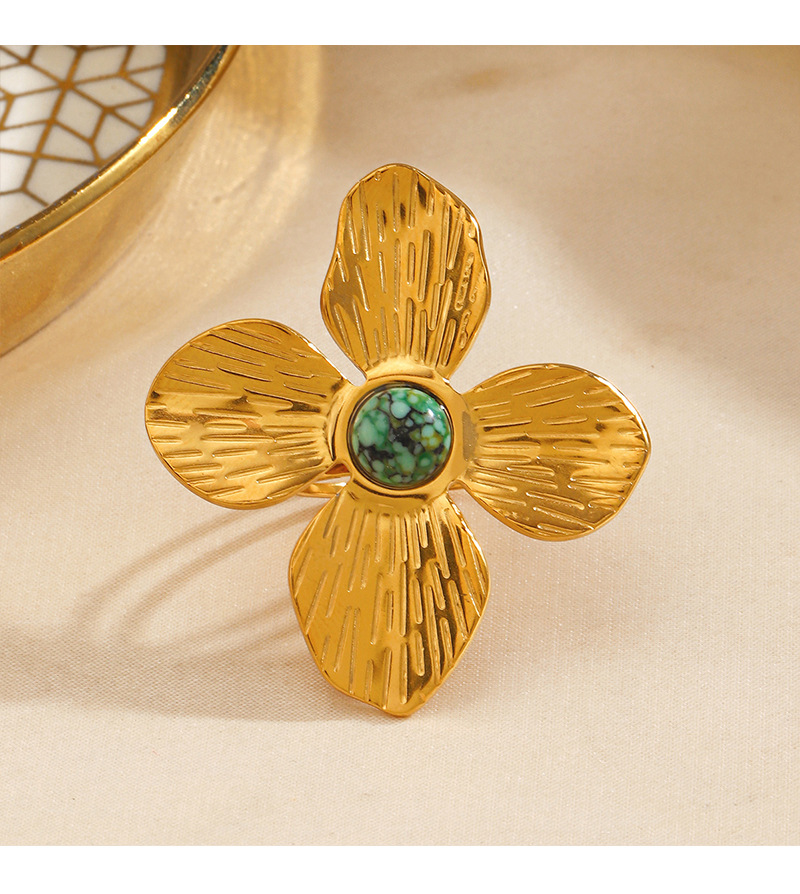 Wholesale of stainless steel exaggerated flower rings with fashionable European and American style and natural stone inlaid titanium steel rings pic 4