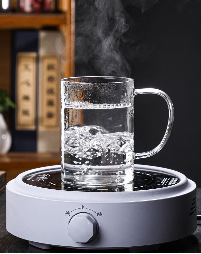 Factory wholesale glass crescent-shaped cups, household green tea cups, heat-resistant glass cups with built-in filters, and tea brewing cups with handles pic 4