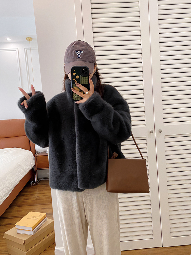 人间富贵欧貂绒皮毛一体短款立领仿水貂毛外套环保皮草女秋冬新品详情59