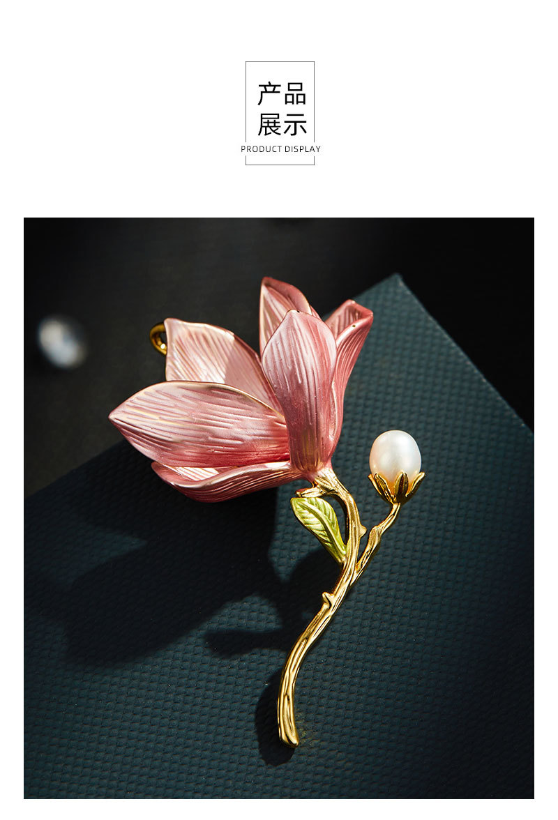 Exquisite pink magnolia flower brooch for women, fashionable and elegant enamel craftsmanship, high-end freshwater pearl brooch, traditional Chinese style brooch pic 17