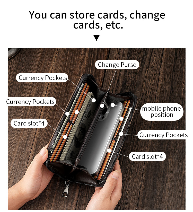 厂家批发男士钱包长款手机包多卡位大容量拉链皮夹便携卡包男钱夹详情6