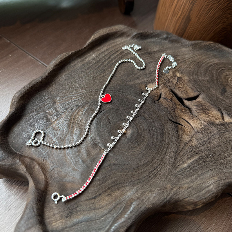 925纯银红色爱心脚链女日韩国简约手工圆珠脚镯学生闺蜜配饰详情1