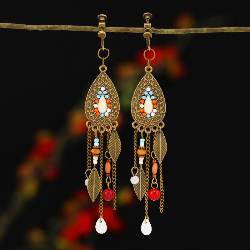 螺旋无痛耳夹女民族风复古长款流苏耳坠波西米亚耳环无耳洞耳饰品详情15