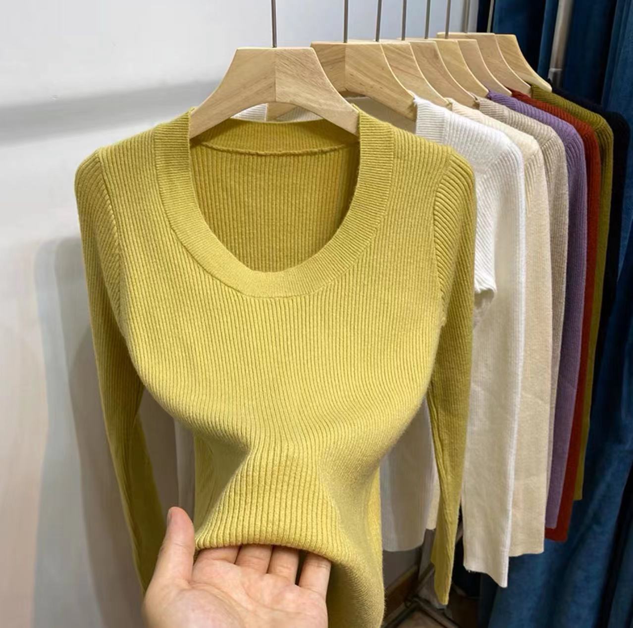 U领针织衫女韩国东大门露锁骨修身纯色安迪绒打底衫安迪绒长袖衫详情37