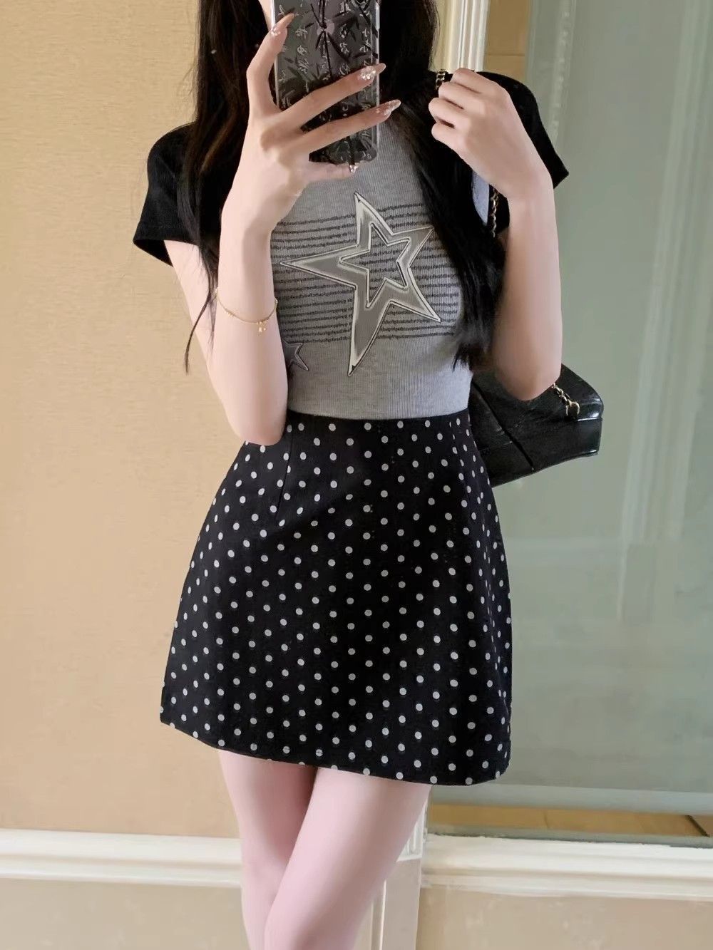 简漫妮波点半身裙夏季休闲百搭包臀裙女辣妹高腰A字裙西装短裙子详情20