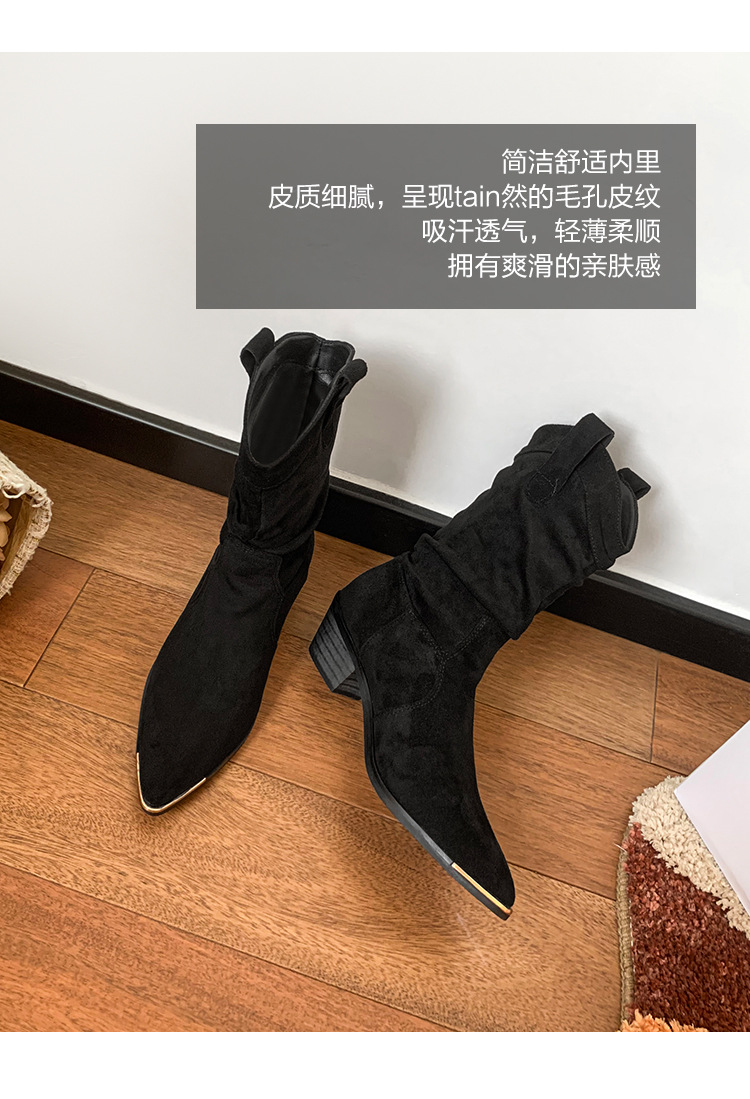 2024新款棕色切尔西反绒及踝靴中筒褶皱靴尖头粗跟短靴子女秋冬季详情8