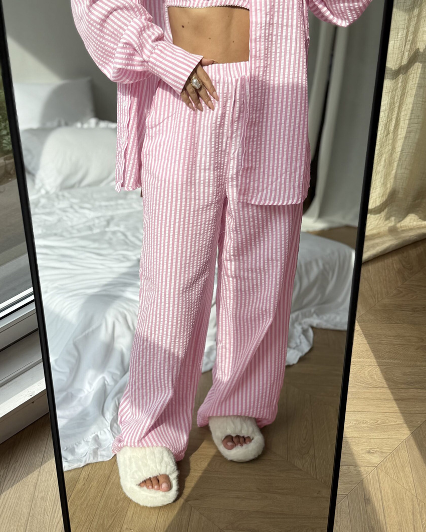 A new spring/summer striped three-piece pajama set from Europe and America, soft, loose and skin-friendly for women, suitable for cross-border wear in 2026 pic 32