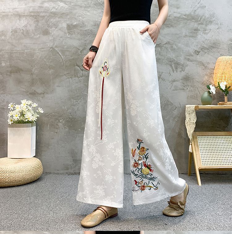国潮绸面提花新中式民族风阔腿裤国风文艺刺绣花高腰休闲宽松长裤显瘦详情14