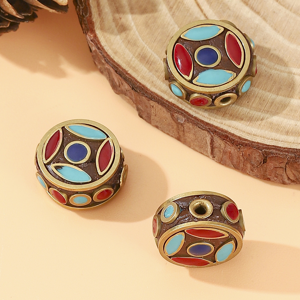 Tibetan ethnic style, retro Nepalese vintage brass beads, hand-inlaid barrel beads, DIY jewelry accessories pic 3
