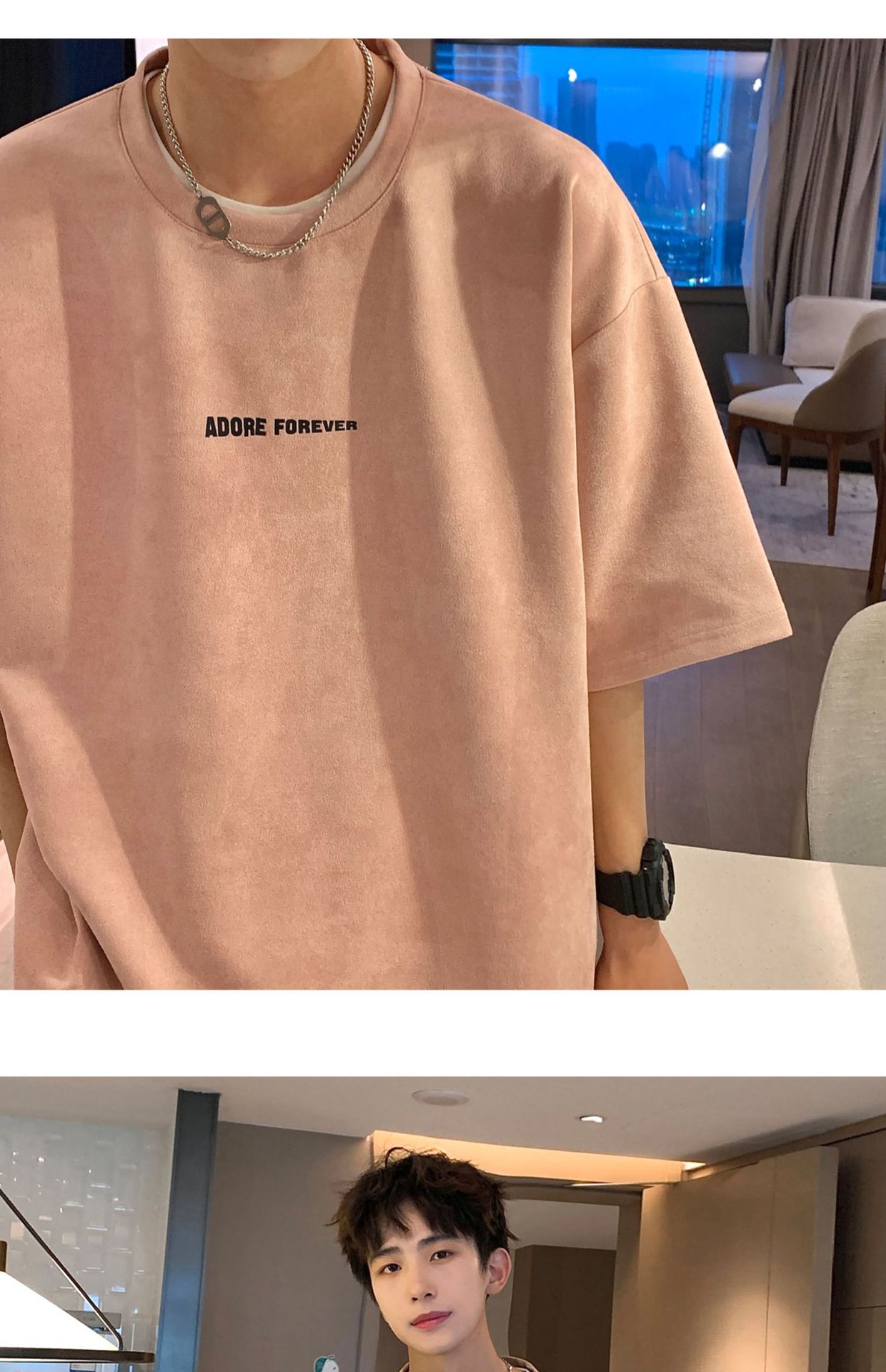 Avocado Green 320g heavyweight T-shirt for men, American retro suede short-sleeved, oversized small collar, three-quarter sleeve pic 40