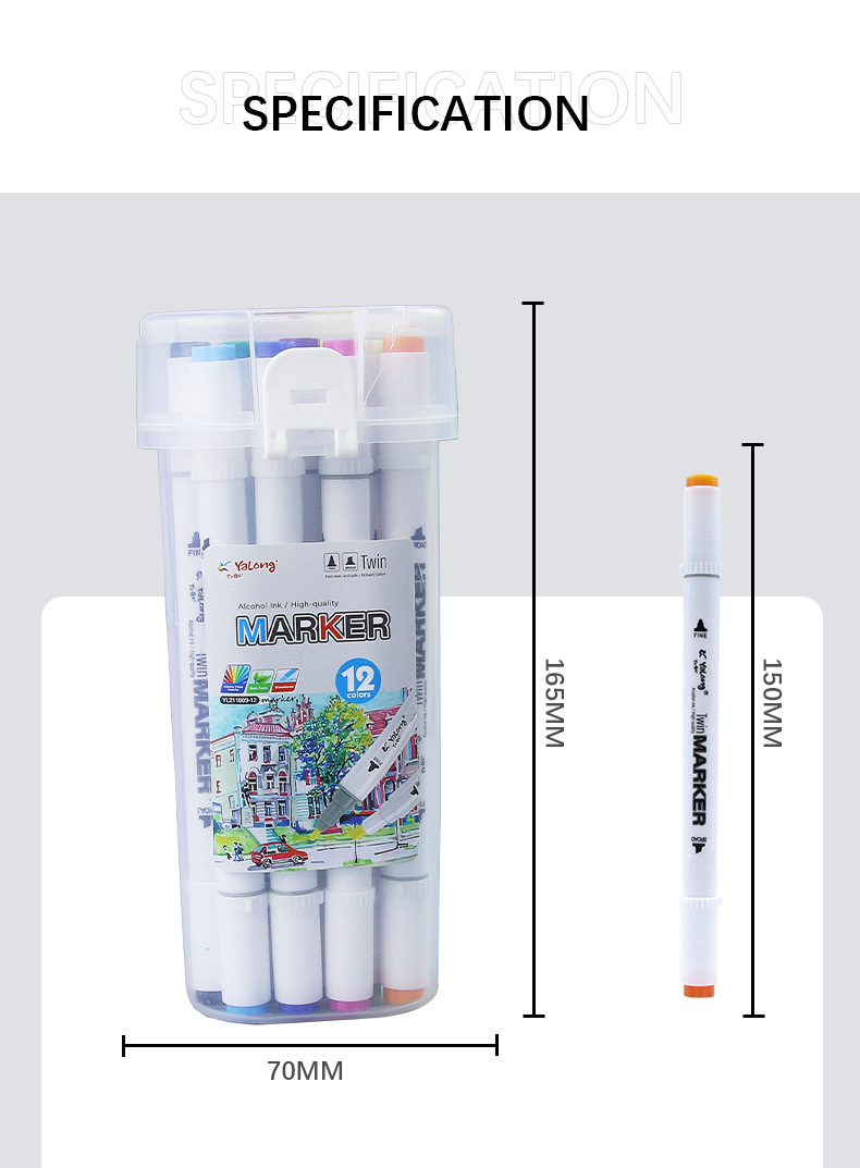 Yalong Cross-border 12-color alcohol ink marker pen double-brush nib bucket marker pen is used for drawing and marking pic 8