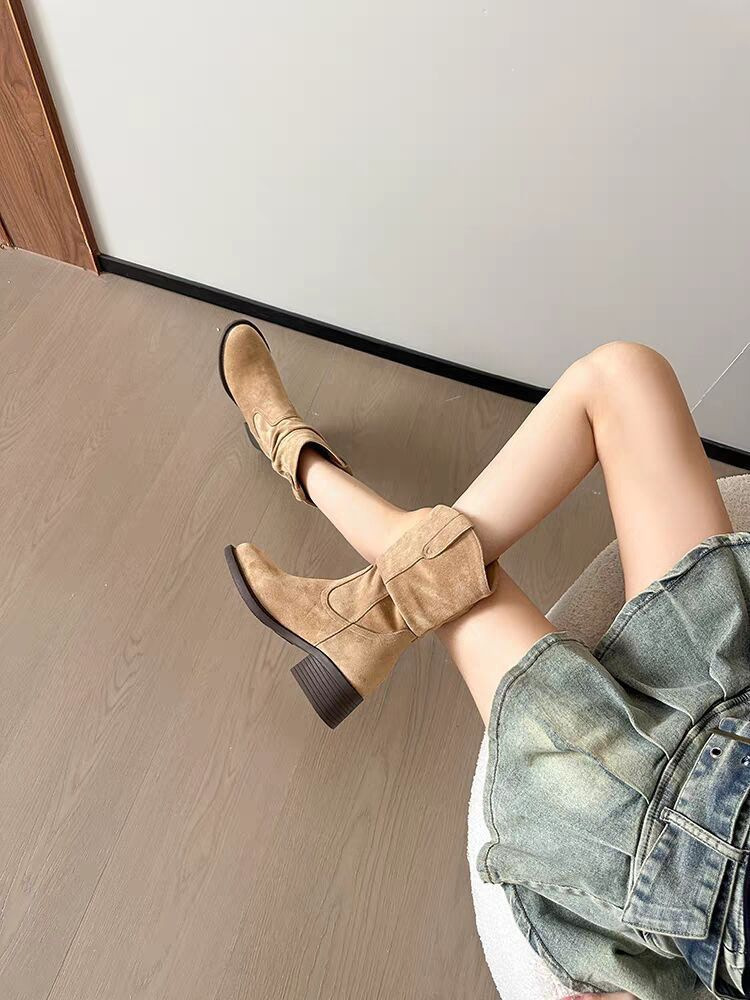 短靴子女粗跟中筒堆堆靴子女夏2025新款秋季美拉德西部牛仔马丁靴详情8