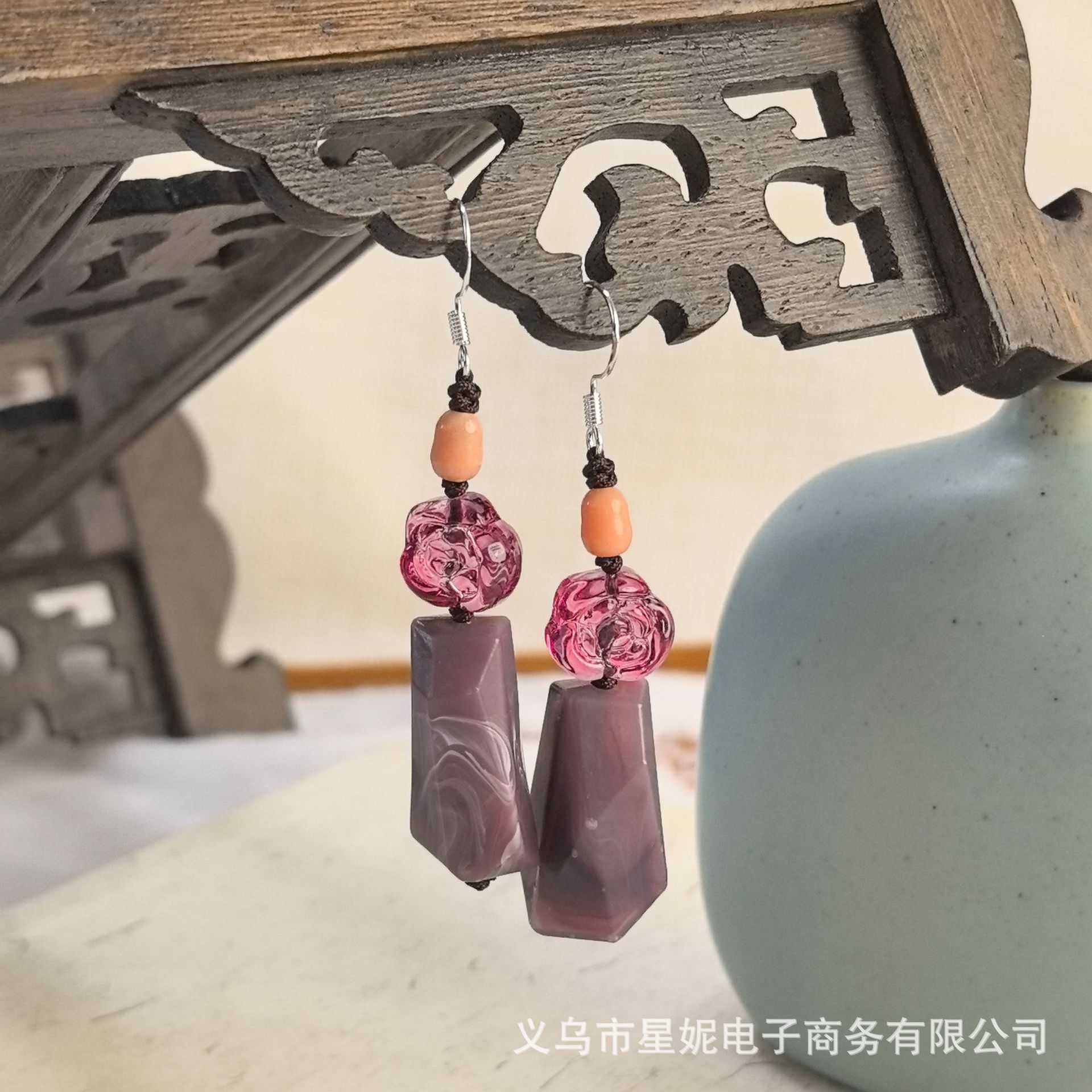 新中式玫瑰花红色紫色清新绿古装汉服轻奢长款不规则耳饰进口详情6
