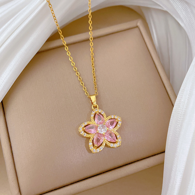 【钛钢】粉色五瓣花满钻轻奢气质华丽满钻项链女百搭锁骨链钛钢详情13