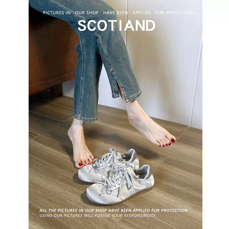 2025秋季新款~芭蕾风甜妹圆头缎面运动板鞋蝴蝶结休闲德训鞋详情4