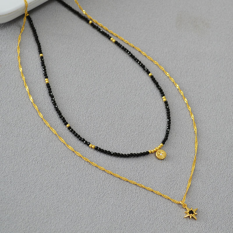 法式小众设计复古黑尖晶串珠星星吊坠双层链条叠戴简约气质项链女详情10