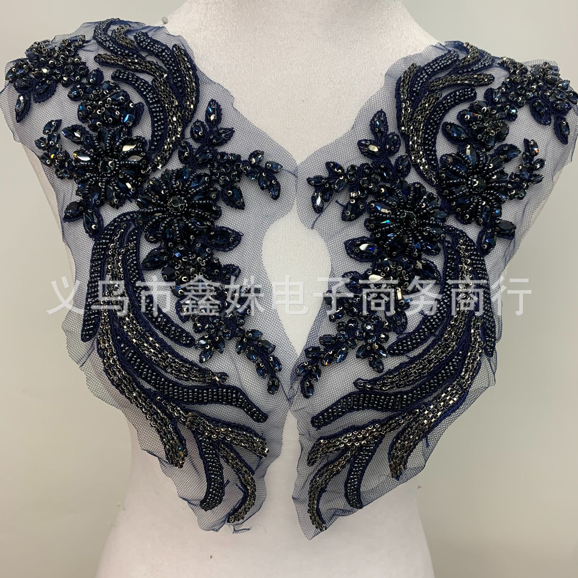 金AB手工钉珠蕾丝凤尾对花 婚纱礼服贴花详情29