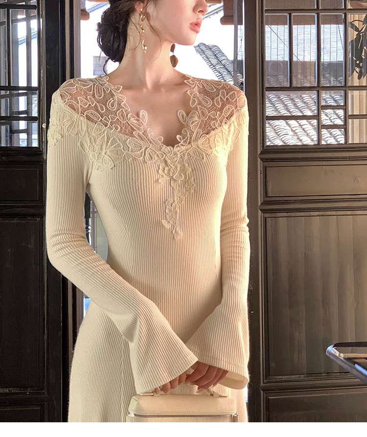 【不知雪】温柔氛围感蕾丝v领针织连衣裙腰显瘦a摆长裙详情12