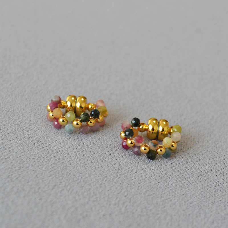 日韩小众设计手工编织彩色碧玺串珠磁吸扣甜美耳环耳饰无需耳洞详情3