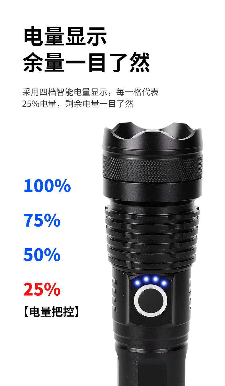 跨境新款P50强光户外充电便携手电筒多功能铝合金超亮远射手电筒详情8