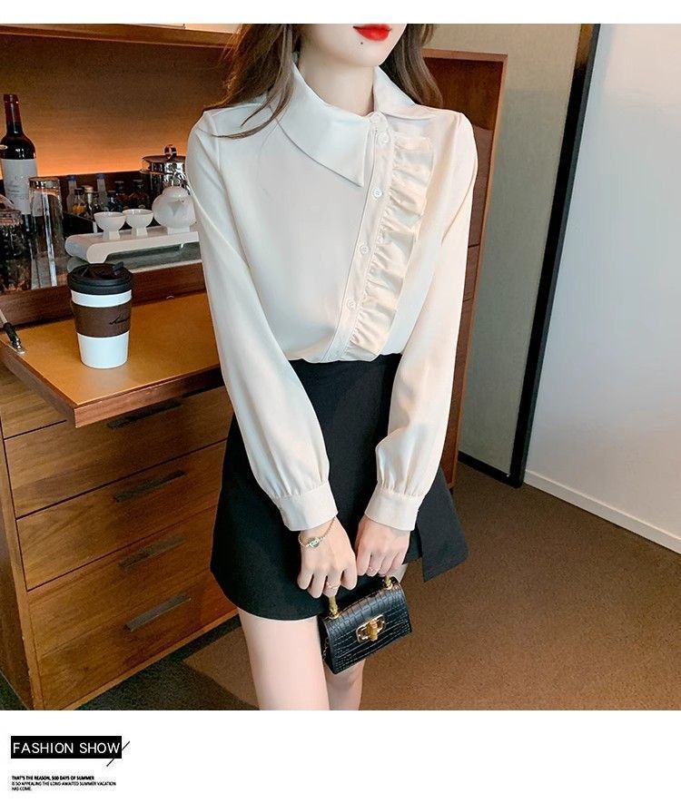 Irregular ruffled lapel shirt top for women, a unique and stylish autumn/winter 2025 new style shirt pic 14