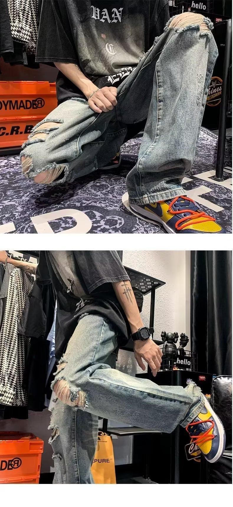 刮烂做旧水洗春秋季时尚青少年高街ins乞丐裤男牛仔裤宽松阔腿裤详情5