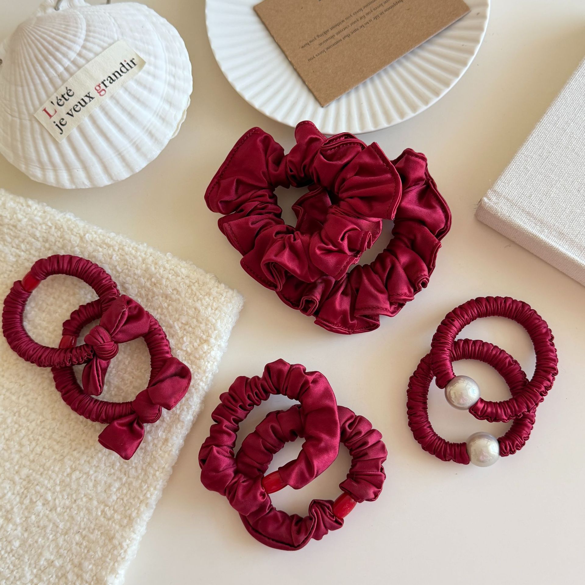 New red New Year style pleated fabric hair band, high-elasticity hair tie, hair tie, hair tie and hair accessory pic 1
