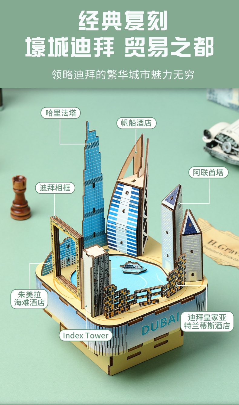 Cross-border best-selling DIY wooden jigsaw puzzles, 3D stereoscopic models, European and American architecture, music box assembly, educational toys and gifts pic 7