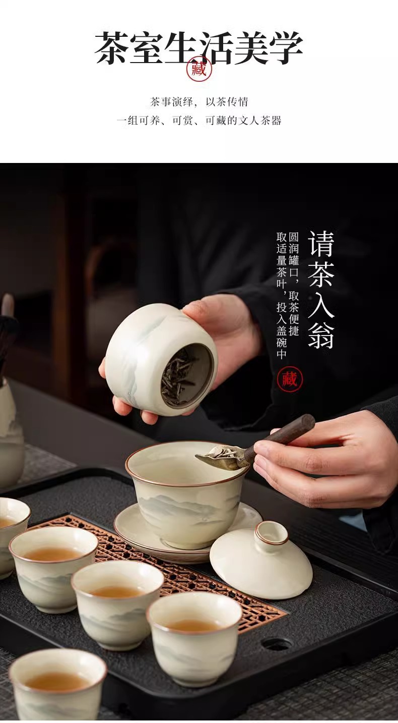 Ru Kiln Gongfu tea set, home living room ceramic tea pot, lid, bowl and tea cup complete set, office high-end tea brewing utensils pic 8