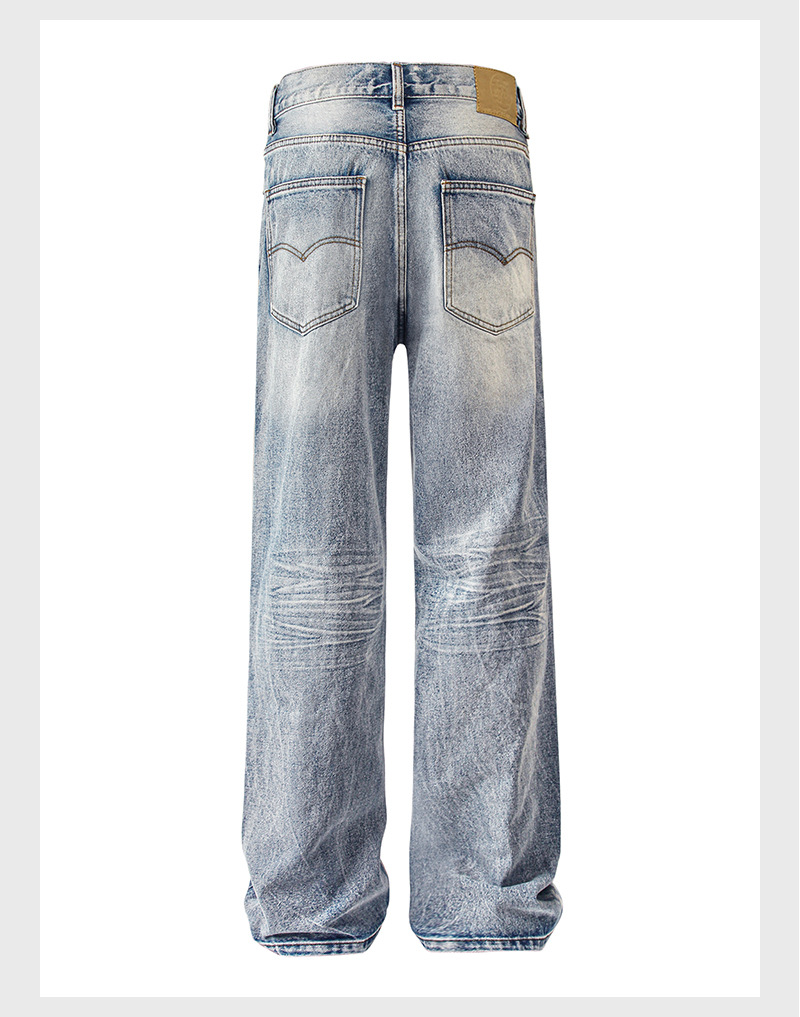 In the autumn of 2025, American-style washed distressed cat beard light blue jeans for both men and women, loose and versatile straight-leg long pants for cross-border use pic 10