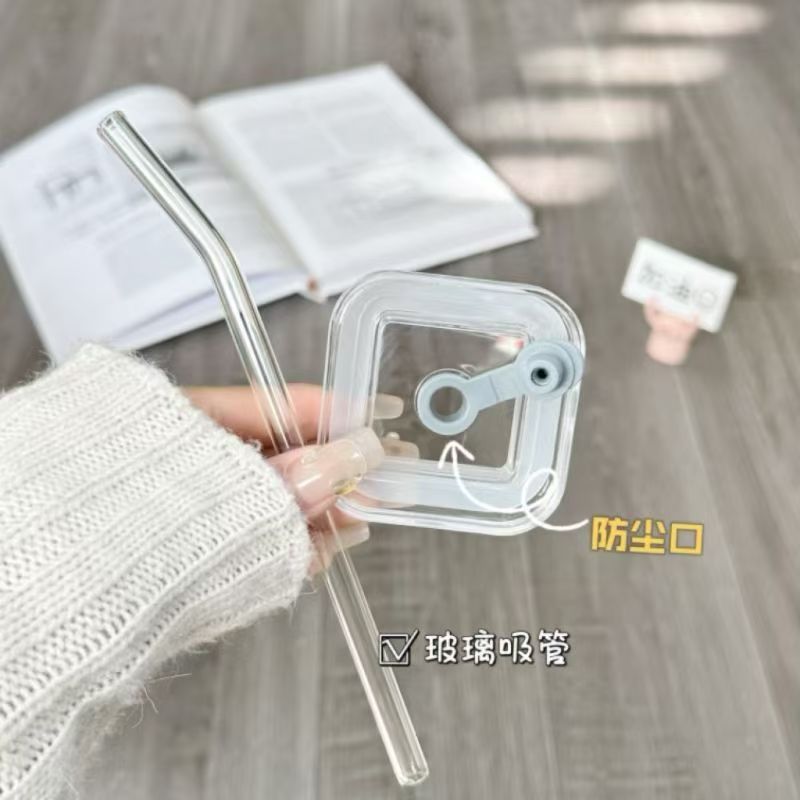 Ins-style square bow glass cup with handle, high appearance level, high-temperature resistant, cute fairy pink straw water cup pic 8