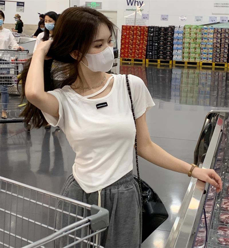 不规则设计感短袖T恤女夏季韩版2023新款辣妹风欲白色打底上衣详情14