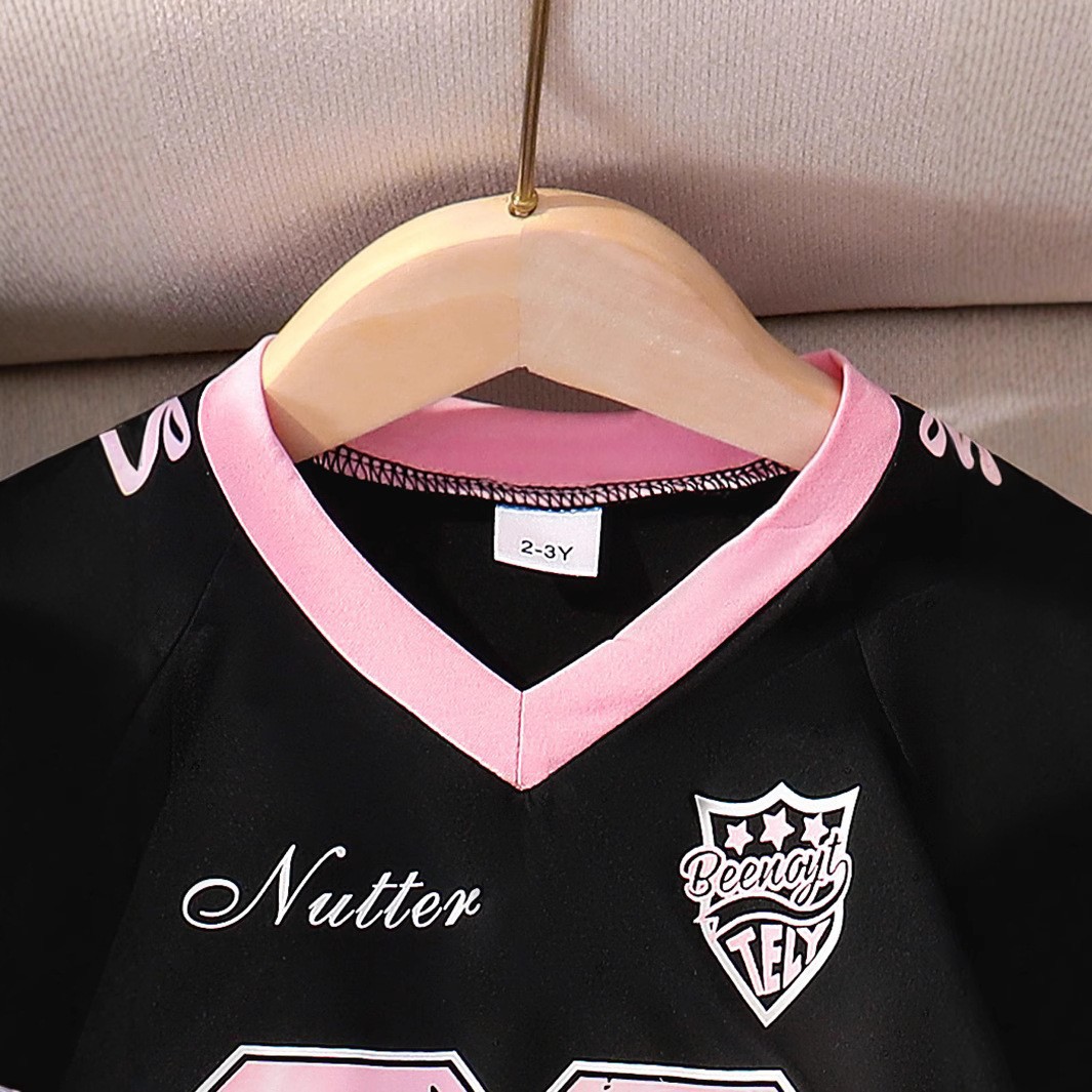 Europa y Estados Unidos cross border niña traje verano nuevo letras estampado cuello V camiseta color sólido princesa falda corta dos piezas estilo colegial pic 6