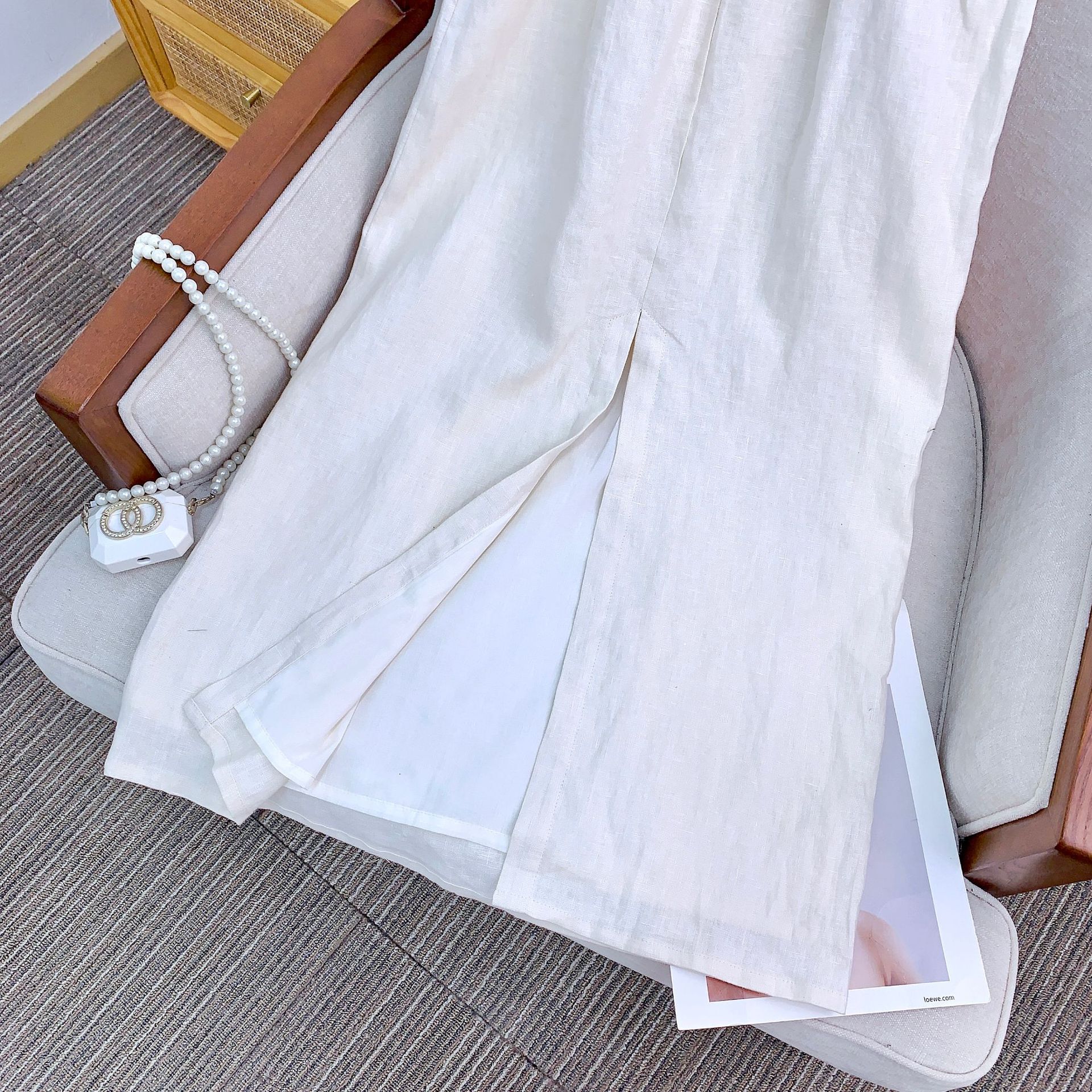 High-count pure linen French vacation-style design off-the-shoulder dress, new Chinese-style dress in stock pic 12