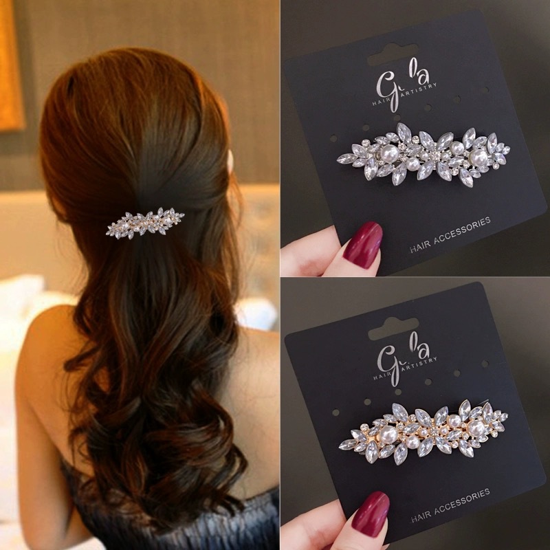 European and American cross-border exclusive supply of horse eye glass water diamond spring clips, back head hair accessories, headwear, pearl hair clips, factory wholesale pic 1