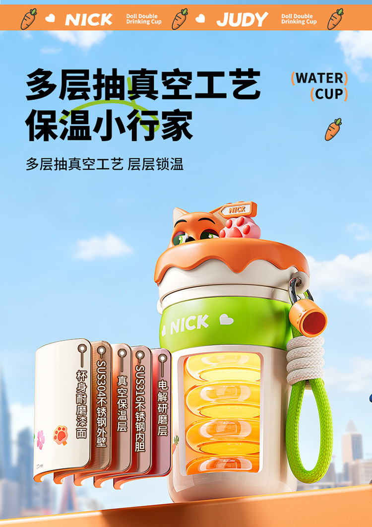 迪士尼正版授权朱迪尼克保温杯学生高颜值女双饮杯卡通儿童吸管杯详情9