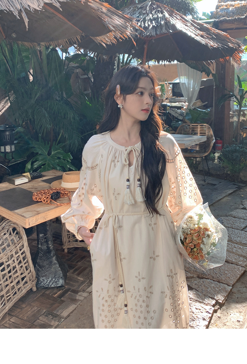 Real photo of a retro, gentle, cut-out embroidered V-neck apricot-colored dress, 2025 new seaside vacation style long-sleeved umbrella dress pic 23