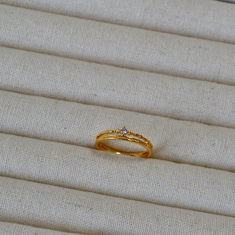 日系小众轻奢复古简约双层线条锆石闪钻黄铜镀金叠戴细戒指食指戒详情10