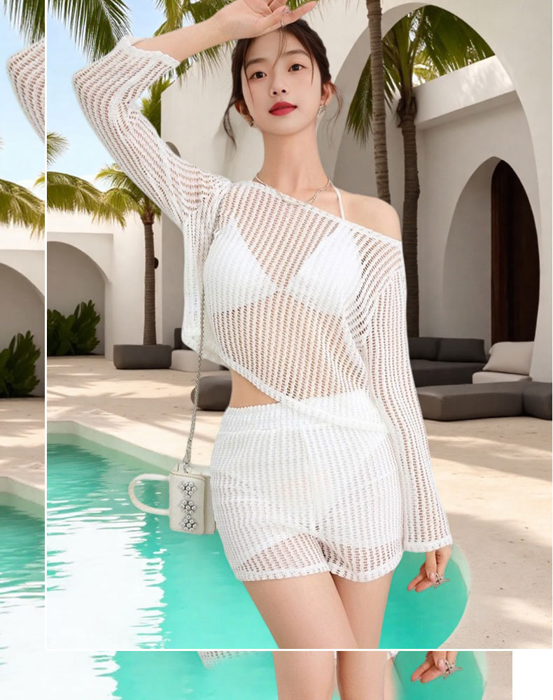 Beach female model white cut-out knitted swimsuit set Bikini girls sportswear cross-border bestseller 125,078 pic 12